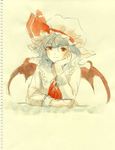  chin_rest face graphite_(medium) hands hat highres image_sample md5_mismatch pixiv_sample portrait remilia_scarlet short_hair sketch smile solo sugi touhou traditional_media watercolor_(medium) 