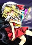  ascot blonde_hair flandre_scarlet full_moon hat moon nail_polish ninamo ponytail red_eyes red_nails short_hair side_ponytail solo touhou wings 