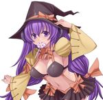  alternate_breast_size bad_id bad_pixiv_id bra candy food halloween hanyuu hasu_(hk_works) hat higurashi_no_naku_koro_ni horns jack-o'-lantern lingerie lollipop long_hair mouth_hold pumpkin purple_eyes purple_hair solo twintails underwear witch_hat 