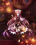  book bookshelf boots ceiling corset crescent hat high_heels highres koakuma library long_hair patchouli_knowledge purple_eyes purple_hair shoes solo touhou voile yume_koucha 