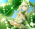  1girl :d bare_shoulders bloomers bracelet cape chinese_commentary commentary_request day detached_sleeves dress full_body genshin_impact gold_trim gradient_hair green_cape green_eyes green_hair green_nails green_sleeves hair_between_eyes hair_ornament highres jewelry leaf_hair_ornament long_hair multicolored_hair nahida_(genshin_impact) nail_polish on_grass outdoors own_hands_clasped own_hands_together pointy_ears side_ponytail sitting sleeveless sleeveless_dress smile solo star-shaped_pupils star_(symbol) stirrup_legwear symbol-shaped_pupils toeless_legwear toes wariza watatai white_bloomers white_dress white_hair 
