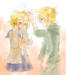  1girl bad_id bad_pixiv_id blonde_hair blush cellphone closed_eyes hair_ornament hairclip hand_on_another's_head kagamine_len kagamine_rin phone renraku_mada?_(vocaloid) ryou_(fallxalice) short_hair skirt smile tears vocaloid 