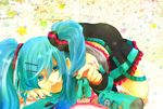  1girl all_fours aqua_eyes aqua_hair bad_id bad_pixiv_id chips detached_sleeves eating figure food hair_ornament hairclip hatsune_miku long_hair mouth_hold necktie scrunchie skirt solo twintails vocaloid 