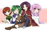  3girls :d ^_^ blush breasts cape closed_eyes erk fire_emblem fire_emblem:_rekka_no_ken green_eyes green_hair hairband medium_breasts miyako_(mongcocoa) multiple_girls nino_(fire_emblem) open_mouth pink_eyes pink_hair priscilla_(fire_emblem) purple_eyes purple_hair red_hair serra smile twintails 