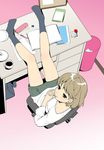  bag bob_cut book brown_eyes brown_hair candy copyright_request cup desk eraser feet_on_table food from_above hands_clasped lollipop mattaku_mousuke mouth_hold own_hands_together pencil_case school_bag short_hair skirt socks solo trash_can 