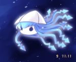  :&lt; blue_hair chibi hat ikamusume long_hair severed_head shinryaku!_ikamusume solo squid tentacle_hair tentacles timestamp underwater yume_shokunin |_| 