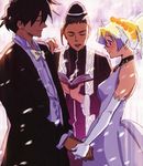  2boys book closed_eyes couple dress flower gloves hetero highres holding_hands kikuchi_daisuke multiple_boys nia_teppelin official_art robe rossiu scan simon smile tengen_toppa_gurren_lagann tuxedo veil wedding wedding_dress 