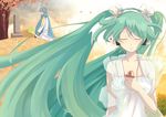  1girl autumn_leaves blue_hair blue_scarf cheshuilishang closed_eyes facing_viewer grave green_hair hair_ribbon hatsune_miku headphones jewelry kaito long_hair necklace ribbon scarf spring_onion tombstone twintails very_long_hair vocaloid 