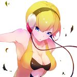  abemichelle armpits bare_shoulders blonde_hair blue_eyes blush breasts cable cleavage gym_leader headphones kamitsure_(pokemon) large_breasts pokemon pokemon_(game) pokemon_bw short_hair simple_background solo white_background 