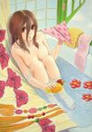  bad_id bad_pixiv_id barefoot bath bathtub brown_eyes brown_hair feet flower heart long_hair mananna nude original paper_airplane ribbon rubber_duck sitting solo towel traditional_media water 