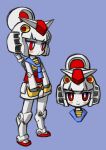  1girl :/ armor armored_boots blush_stickers boots bright_pupils closed_mouth commentary_request cropped_shoulders full_body gundam hands_in_pockets helmet highres humanization izuna_yoshitsune looking_at_viewer looking_to_the_side mecha_musume mobile_suit_gundam multiple_views purple_background red_eyes rx-78-2 simple_background smile standing v-fin v-shaped_eyebrows white_pupils 
