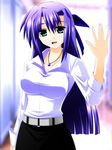  aqua_eyes engo_(aquawatery) ginga_nakajima long_hair lyrical_nanoha mahou_shoujo_lyrical_nanoha_strikers purple_hair shirt solo taut_clothes taut_shirt waving 