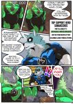 anthro belly bulge canid canine canis claws cobalt_beast comic crisis crisis_ch1 dialogue duo explosion glowing glowing_eyes hero horn latex male mammal mask muscular rhinoceros samaraka solo sonarceros super_suit superhero threatening wolf
