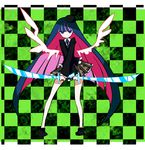  beret blue_eyes checkered checkered_background dual_wielding hat holding kintaro long_hair multicolored_hair necktie panty_&amp;_stocking_with_garterbelt skirt solo stocking_(psg) sword two-tone_hair very_long_hair weapon wings 