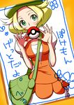  bag bel_(pokemon) blonde_hair blush green_eyes handbag hat holding holding_poke_ball poke_ball poke_ball_(generic) pokemon pokemon_(game) pokemon_bw shirono short_hair smile solo 