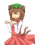  :d animal_ears brown_hair cat_ears cat_tail chen closed_eyes fang hat multiple_tails open_mouth paw_pose ryousangata short_hair simple_background smile solo tail touhou 