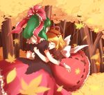  autumn blonde_hair blush bow closed_eyes dress frills green_hair hair_bow hair_ornament hair_ribbon hug kagiyama_hina leaf long_hair medicine_melancholy mito_tsubaki multiple_girls nature open_mouth ribbon short_hair smile stitches touhou tree wrist_cuffs 