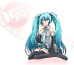  aqua_eyes aqua_hair bad_id bad_pixiv_id blush detached_sleeves fuugetsu_makoto hatsune_miku headset long_hair necktie sitting skirt smile solo thighhighs twintails vocaloid 