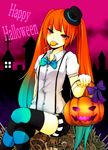  alternate_color bad_id bad_pixiv_id chizuru_(ambient) crossed_legs halloween happy_halloween hat hatsune_miku jack-o'-lantern long_hair mini_hat mini_top_hat mrs.pumpkin_no_kokkei_na_yume_(vocaloid) multicolored_hair orange_hair pumpkin sitting solo suspenders thighhighs top_hat twintails vocaloid 