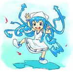  blue_eyes blue_hair blush_stickers dress higashi ikamusume shinryaku!_ikamusume shrimp solo tentacle_hair tentacles 