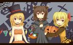  3girls animal_ears cat_ears chen fang fangs flandre_scarlet halloween hat highres jack-o'-lantern multiple_girls pumpkin rumia ryousangata top_hat touhou wallpaper wings 