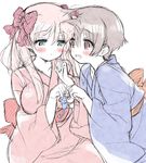  bad_id bad_pixiv_id blue_eyes blush bow brown_hair couple hair_bow haramura_nodoka highres japanese_clothes kasuga_souichi keychain kimono long_hair miyanaga_saki multiple_girls obi open_mouth pink_hair red_eyes saki sash short_hair sketch smile twintails yuri 