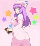  ass blue_eyes blush book breasts checkered checkered_background covered_nipples hair_ribbon hat highres large_breasts lips long_hair looking_at_viewer looking_back nbo patchouli_knowledge pink purple_hair ribbon solo star touhou 