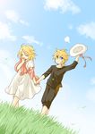  1girl bad_id bad_pixiv_id blonde_hair blue_eyes blush closed_eyes cloud day hat hat_removed headwear_removed holding_hands kagamine_len kagamine_rin ryou_(fallxalice) short_hair shuujin/kami_hikouki_(vocaloid) sky vocaloid 