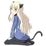  animal_ears ass black_legwear blonde_hair blush feet glasses long_hair looking_back michigan military military_uniform open_mouth pantyhose perrine_h_clostermann seiza simple_background sitting solo strike_witches tail uniform world_witches_series yellow_eyes 