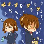  0_0 2girls brown_hair chibi hirasawa_ui hirasawa_yui k-on! multiple_girls picnic_basket plover ponytail school_uniform short_hair siblings sisters 