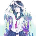  bad_id bad_pixiv_id bandages black_hair braid hair_over_shoulder hand_on_own_head hisame_(ron6) kobushi_abiru lowres sayonara_zetsubou_sensei school_uniform serafuku short_hair solo twin_braids 