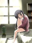  bad_id bad_pixiv_id barefoot bed black_hair brown_eyes frog k-on! long_hair nakano_azusa no_pants nuezou solo statue sweater twintails 