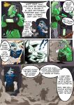 anthro battle belly bulge butt canid canine canis claws clothing cobalt_beast comic crisis crisis_ch1 dialogue duo glowing glowing_eyes hero high_tech horn latex male male/male mammal mask muscular rhinoceros samaraka smoke smoke_bomb solo sonarceros spandex superhero supersuit tail tight_clothing wolf