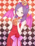  argyle argyle_background ayamoto bat_wings brown_eyes crown dress flower fresh_precure! gown halloween higashi_setsuna horns jack-o'-lantern long_hair precure pumpkin purple_hair red_flower red_rose rose wings 