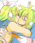  1boy 1girl bad_id bad_pixiv_id blonde_hair blue_eyes blush brother_and_sister closed_eyes heart hetero hug incest kagamine_len kagamine_rin kiss lowres ryou_(fallxalice) siblings smile twincest twins vocaloid 