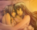  akiyama_mio bed bed_sheet black_hair blush brown_hair couple dancho_(danch) eye_contact k-on! long_hair looking_at_another multiple_girls naked_sheet short_hair tainaka_ritsu tears under_covers yuri 