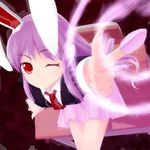  akai_ronii animal_ears bad_id bad_pixiv_id bullet bunny_ears finger_gun long_hair necktie one_eye_closed purple_hair red_eyes red_neckwear reisen_udongein_inaba skirt solo touhou 