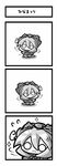  3koma :d ahoge aoblue blush bow chibi comic dancing greyscale highres japanese_clothes kagiyama_hina monochrome o_o open_mouth smile sparkle touhou translated 