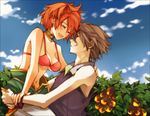  1girl bad_id bad_pixiv_id bare_shoulders bikini_top blush closed_eyes collar couple day earrings food gig_(soul_cradle) grey_hair grin happy hetero jewelry kame_tora midriff red_hair revya_(female) short_hair sky smile soul_cradle 