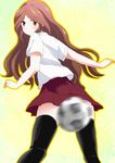  bad_id bad_pixiv_id ball black_legwear blush censored chiha convenient_censoring highres inazuma_eleven inazuma_eleven_(series) long_hair looking_back raimon_natsumi red_eyes red_hair school_uniform soccer_ball solo sweatdrop telstar thighhighs 