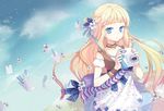  bad_id bad_pixiv_id bangs blonde_hair blue_eyes blue_nails blunt_bangs camera choker day dress flower hair_flower hair_ornament hair_ribbon jin_young-in long_hair nail_polish original photo_(object) ribbon sky solo wristband 