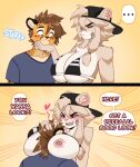 angry anthro areola arm_tuft baseball_cap big_breasts bikini bikini_top breast_smother breasts cheek_tuft cheetah chest_tuft clothing dialogue duo facial_tuft felid feline female frankie_(extremedash) ghastlyfish_(artist) hand_under_chin hat head_between_breasts headgear headwear heart_symbol hi_res inner_ear_fluff lion looking_at_another looking_at_breasts male male/female mammal markings nipples pantherine purple_eyes red_eyes shirt shoulder_tuft simple_background smothering spots spotted_markings swimwear t-shirt teeth text topwear tuft two-piece_swimsuit zachariah_(velocitycat)