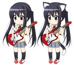  :&lt; animal_ears asaba black_hair blush brown_eyes cat_ears cat_tail chibi dual_persona guitar instrument k-on! kemonomimi_mode kneehighs long_hair nakano_azusa plectrum school_uniform shoes skirt sweater_vest tail twintails uwabaki 