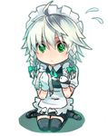  :&lt; ahoge apron bad_id bad_pixiv_id black_legwear blush bow braid chibi chirosuke cleaning gloves green_eyes hair_bow izayoi_sakuya knife maid maid_headdress mary_janes polishing rag shoes short_hair silver_hair sitting solo sweatdrop thighhighs touhou twin_braids waist_apron wariza white_gloves zettai_ryouiki 