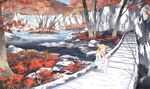  asakura_masatoki autumn barefoot blonde_hair blurry bridge depth_of_field dress highres leaf long_hair original path reflection road scenery snow solo tree water 