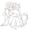  1girl bad_id bad_pixiv_id blush brother_and_sister closed_eyes couple greyscale hair_ornament hair_ribbon hairclip happy headphones hetero hug incest kagamine_len kagamine_rin lineart monochrome ribbon ryou_(fallxalice) siblings smile twincest twins vocaloid 