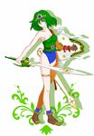  asymmetrical_clothes blue_eyes blue_leotard breasts circlet cleavage dragon_quest dragon_quest_iv gloves green_hair heroine_(dq4) highres leotard matsumo medium_breasts shield short_hair single_glove sword weapon 