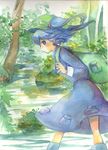  backpack bag blue_eyes blue_hair hair_bobbles hair_ornament hat kawashiro_nitori nature plant profile solo touhou traditional_media tsuru twintails two_side_up water 