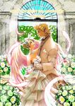  1girl angel_wings bad_id bad_pixiv_id blonde_hair bow bowtie breasts breath_of_fire breath_of_fire_iv cleavage couple cray_(breath_of_fire) dancing double_bun elbow_gloves elina_(breath_of_fire) feathers flower formal gloves good_end green_eyes hebina_masayoshi hetero medium_breasts smile suit wings 