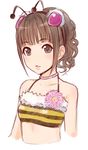  antennae bangs bare_shoulders bee_girl blunt_bangs blush brown_eyes brown_hair choker face flat_chest flower ha-ru hairband halterneck insect_girl lips monster_girl nakano_fujo_sisters open_mouth ponytail sidelocks simple_background solo striped upper_body 
